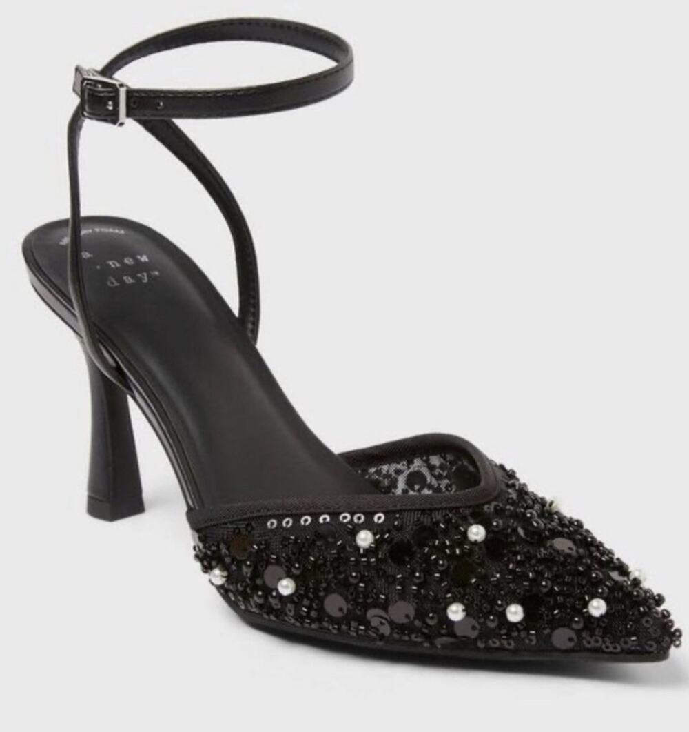 A New Day Ruth Women’s Heels Size 9.5 Black Beaded Pearl Sequin Slingback NWT